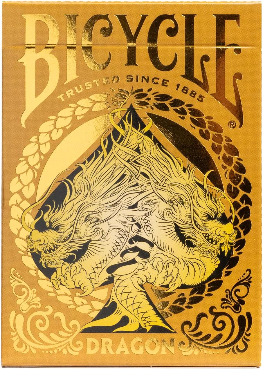 Front of Bicycle Gold Dragon Playing Cards tuck box with gold foil, paired dragon artwork, and Bicycle branding