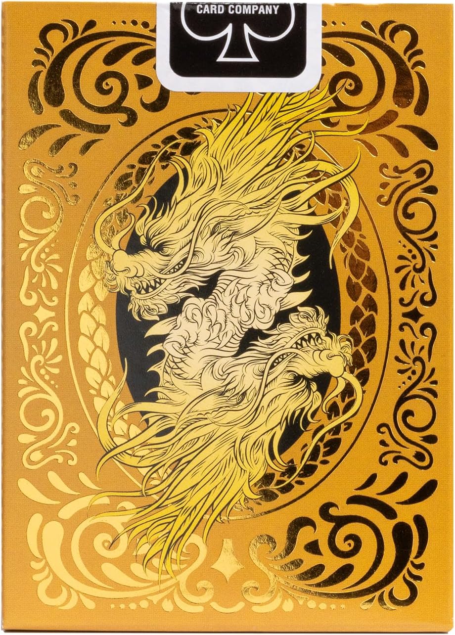 Back of Bicycle Gold Dragon tuck box showing two detailed golden dragons and ornate foil decoration