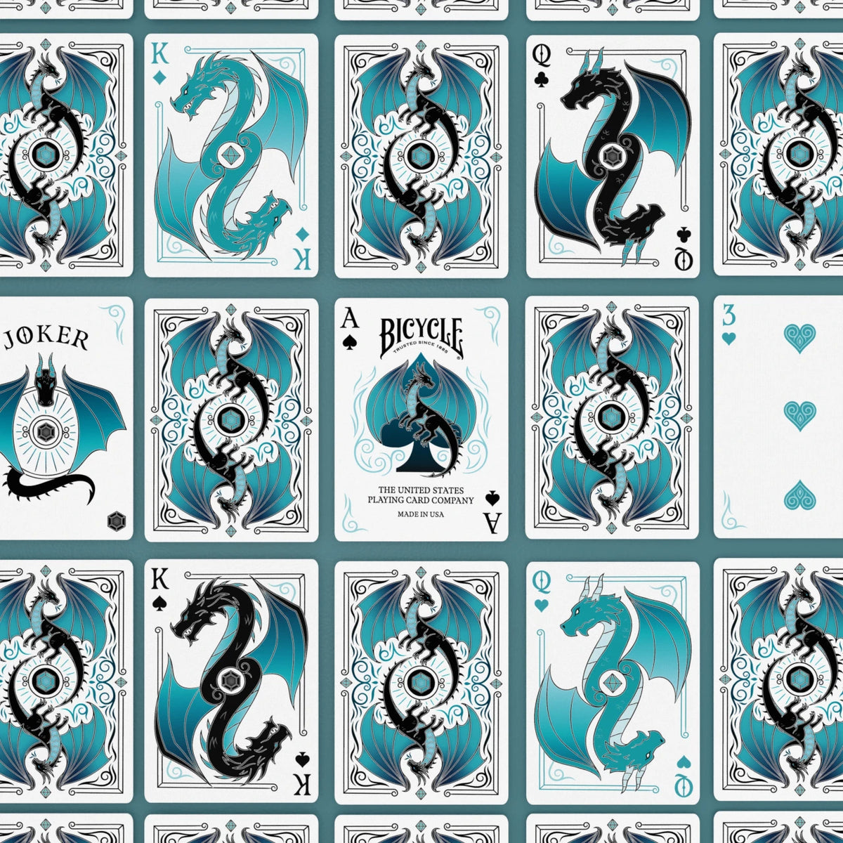 Bicycle Ice Dragon faces and backs arranged in a grid with dragon courts, Joker artwork, and decorative pips