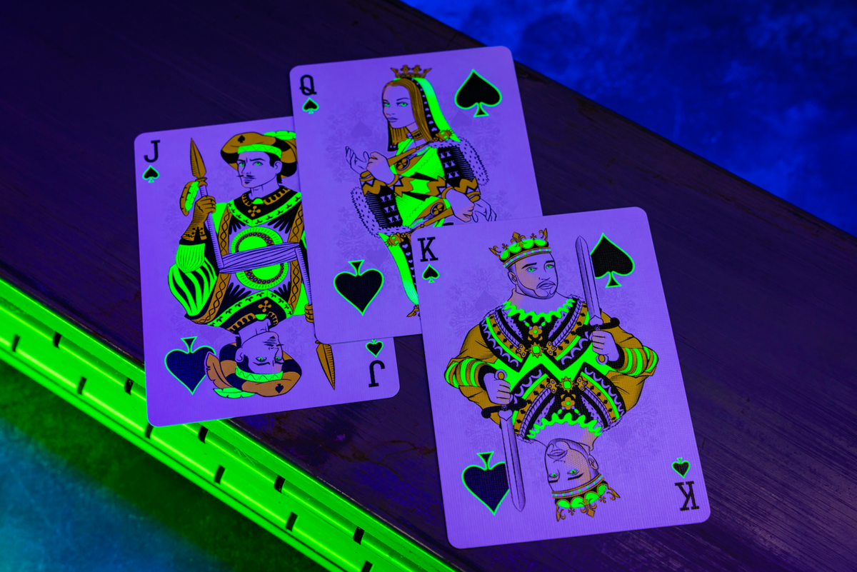 Bicycle Neon Green-Glo custom spade court cards under UV blacklight