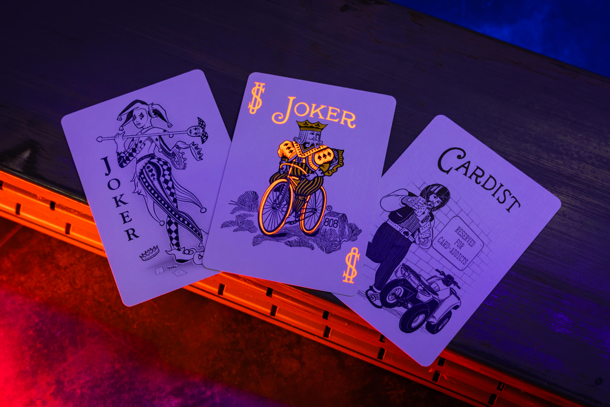 Bicycle Neon Solar-Orange custom Joker, Bicycle Joker, and cardistry card