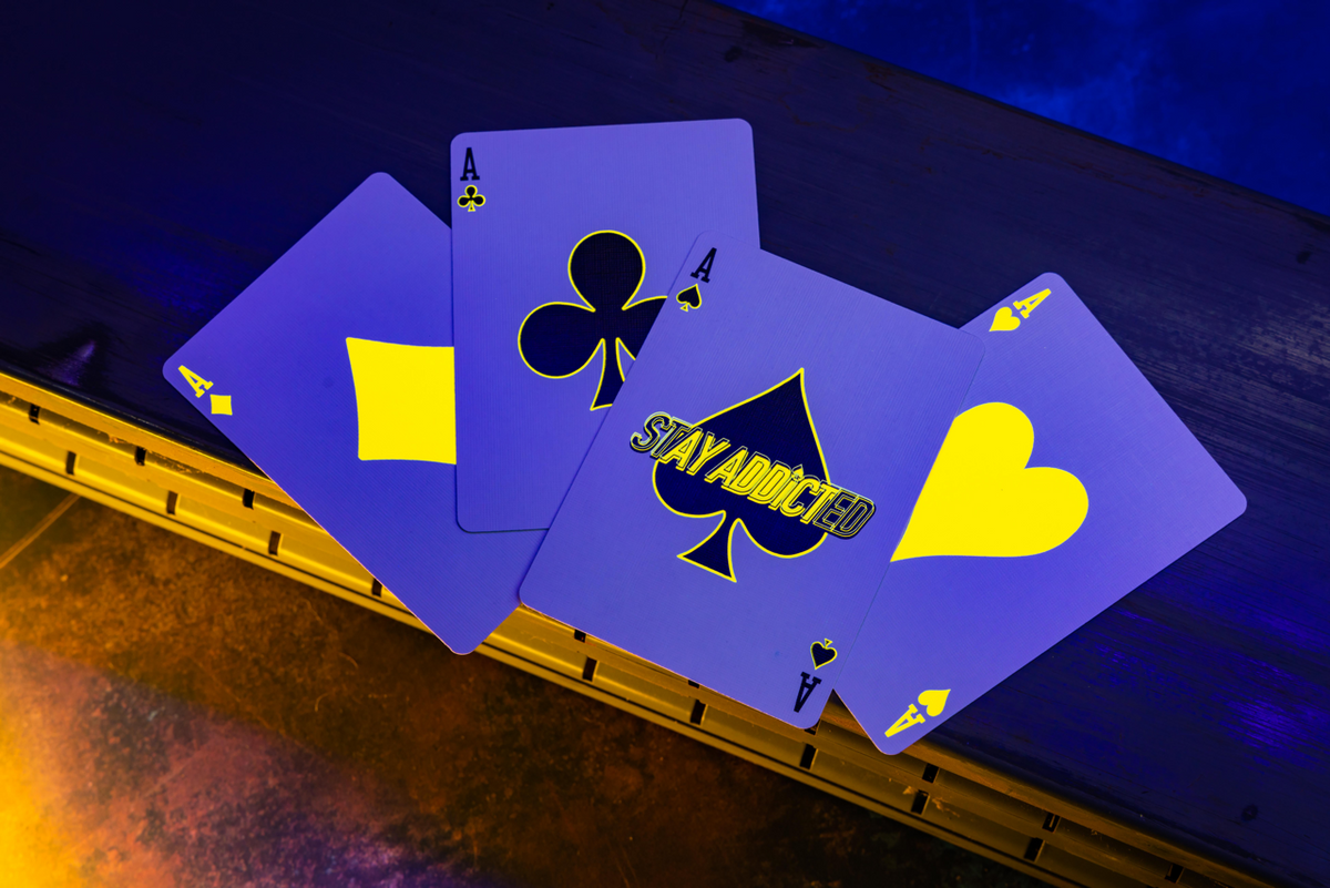 Bicycle Neon Yellow-Starburst large-pip Aces and Stay Addicted Ace of Spades