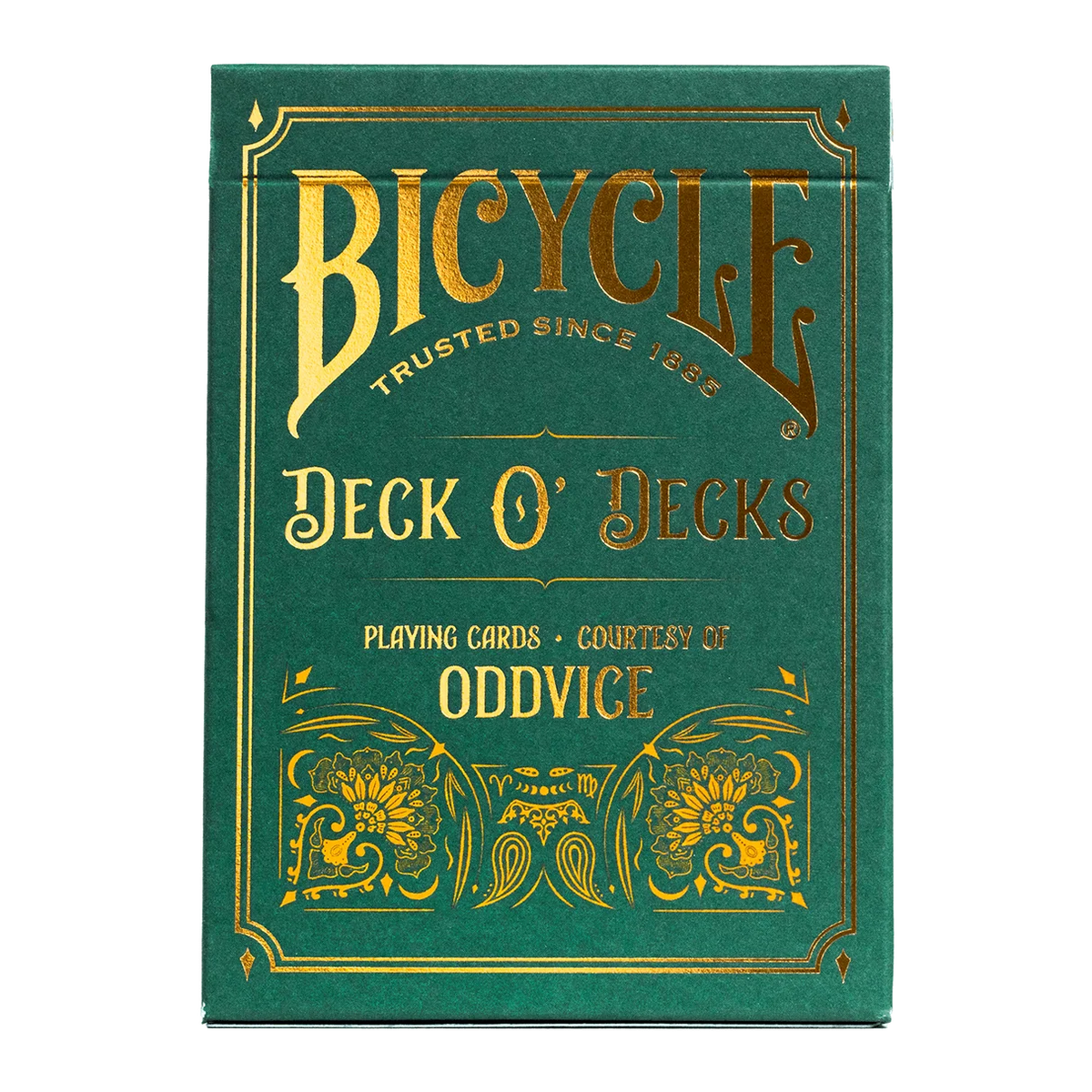Front of Bicycle Oddvice Deck O' Decks green tuck box with gold Bicycle and Oddvice artwork