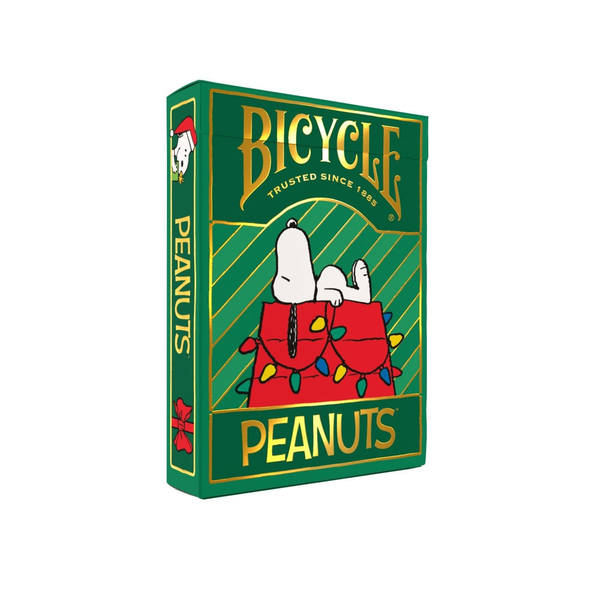Bicycle Peanuts Holiday green tuck box featuring Snoopy on his red doghouse with Christmas lights and gold-colored lettering.
