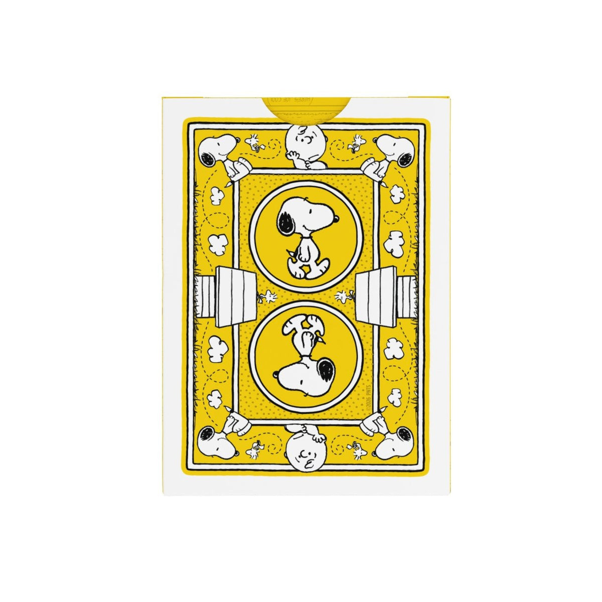 Back of the Bicycle Peanuts yellow tuck box with paired Snoopy portraits, Charlie Brown, Woodstock, and doghouse illustrations.