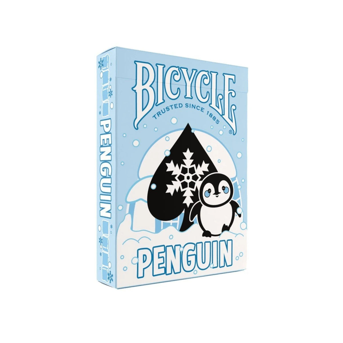 Bicycle Penguin playing cards tuck box with a penguin, snowflake spade, and igloo on a light-blue background