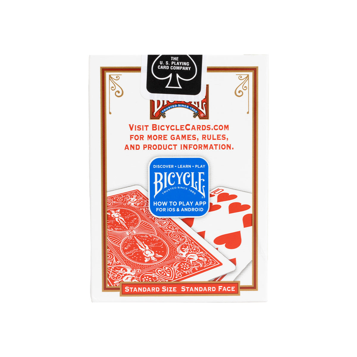 Back of the red Bicycle Standard tuck box showing card illustrations, product information, and the US Playing Card Company seal.