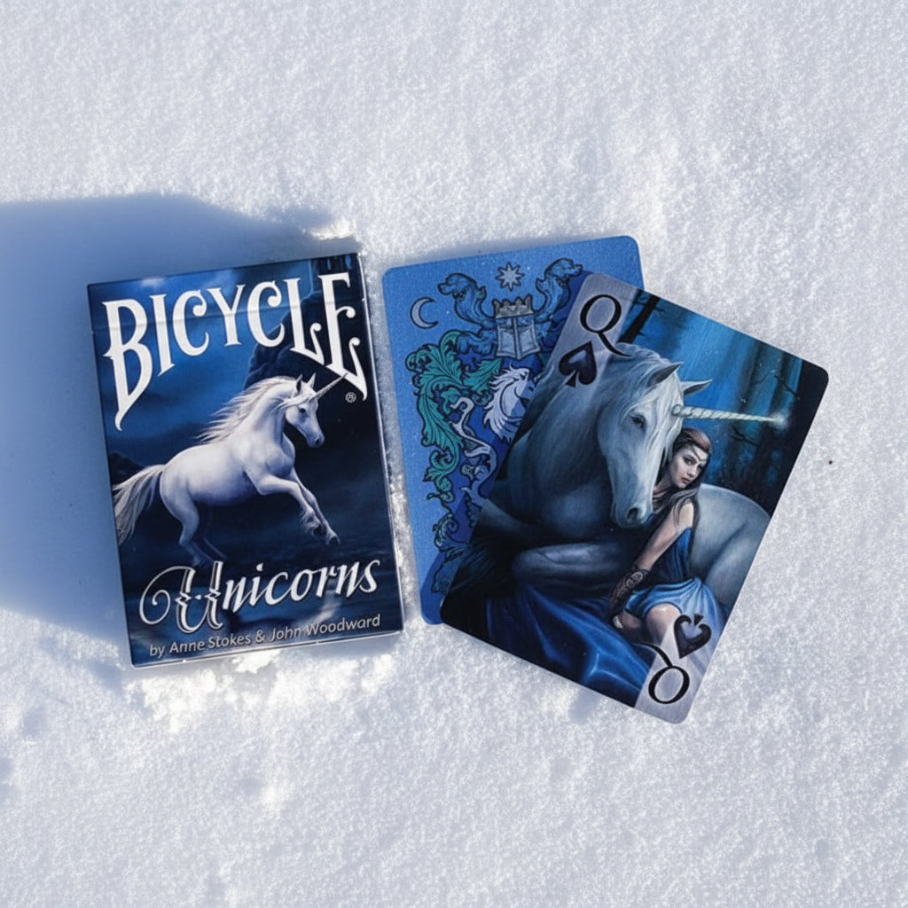 Bicycle Unicorns tuck box, heraldic card back, and custom Queen with unicorn fantasy artwork