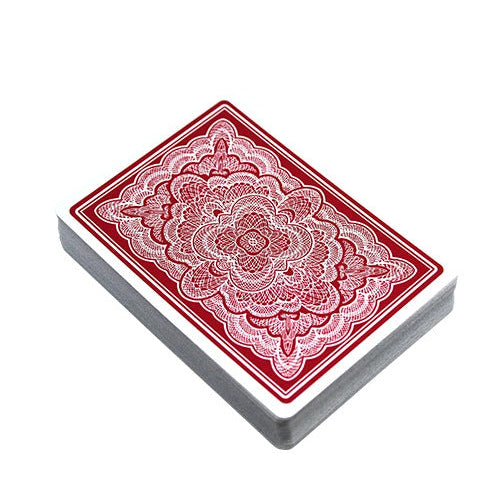 Red and white Blue Ribbon playing card deck with intricate design on a white background