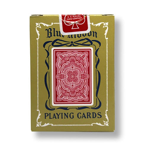 Blue Ribbon playing card box with red playing card on a white background