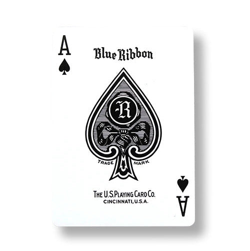 Playing card with Ace of Spades design featuring Blue Ribbon logo on a white background