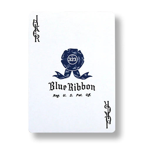 Playing card with Blue Ribbon logo and text on a white background