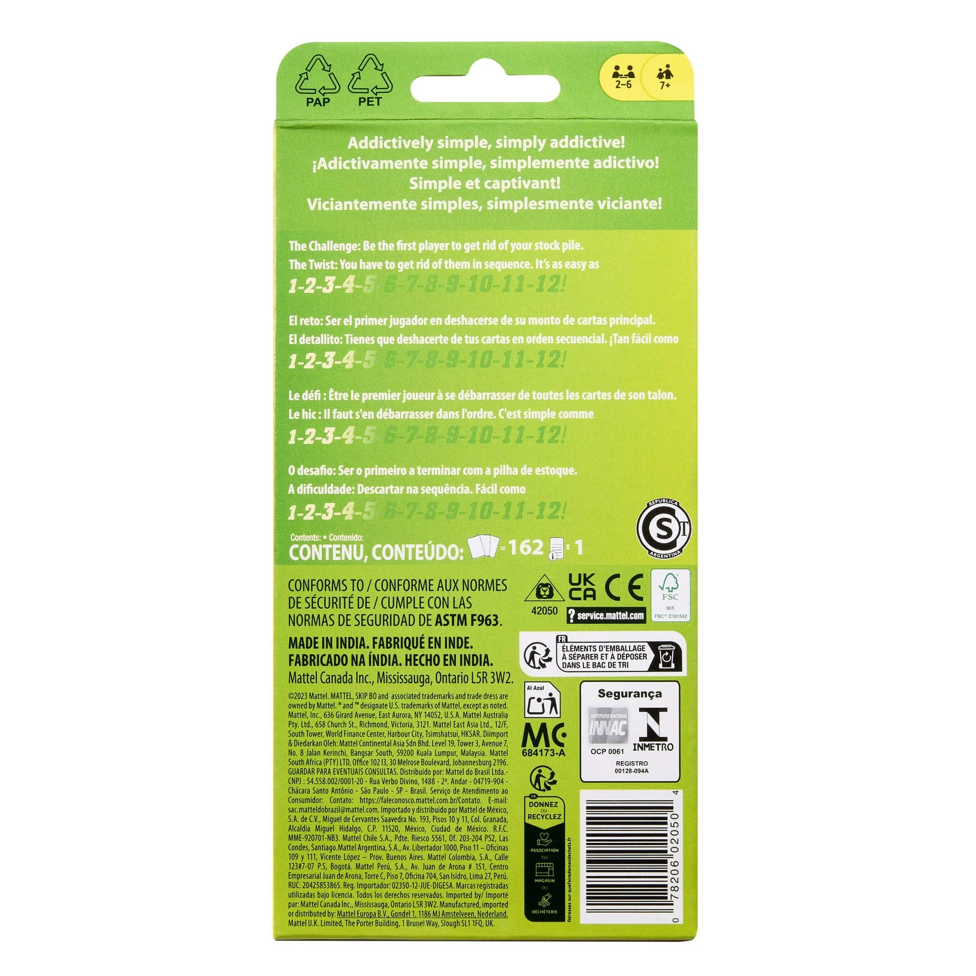 Back of a green Skip Bo box with text and symbols on a white background