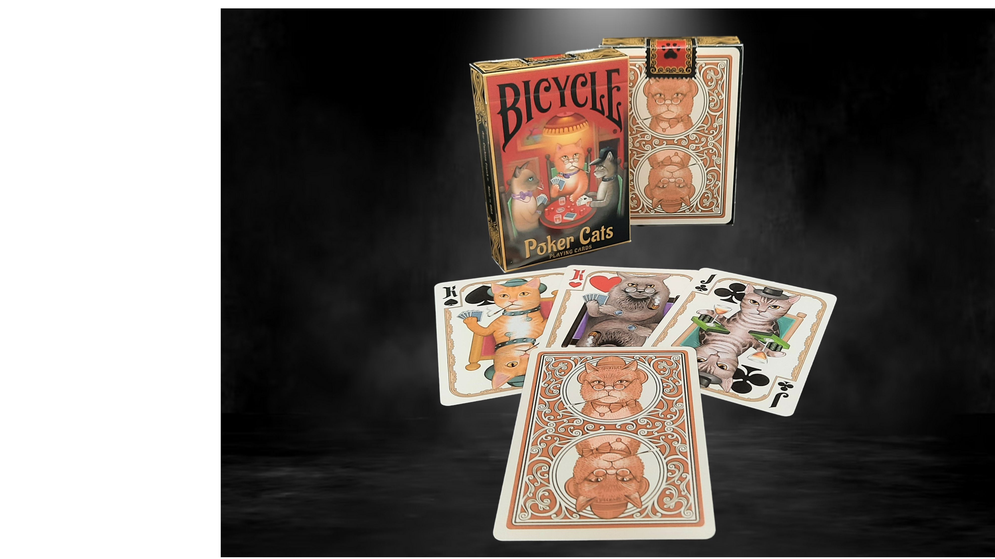 Bicycle Poker Cats playing cards with packaging on a dark background
