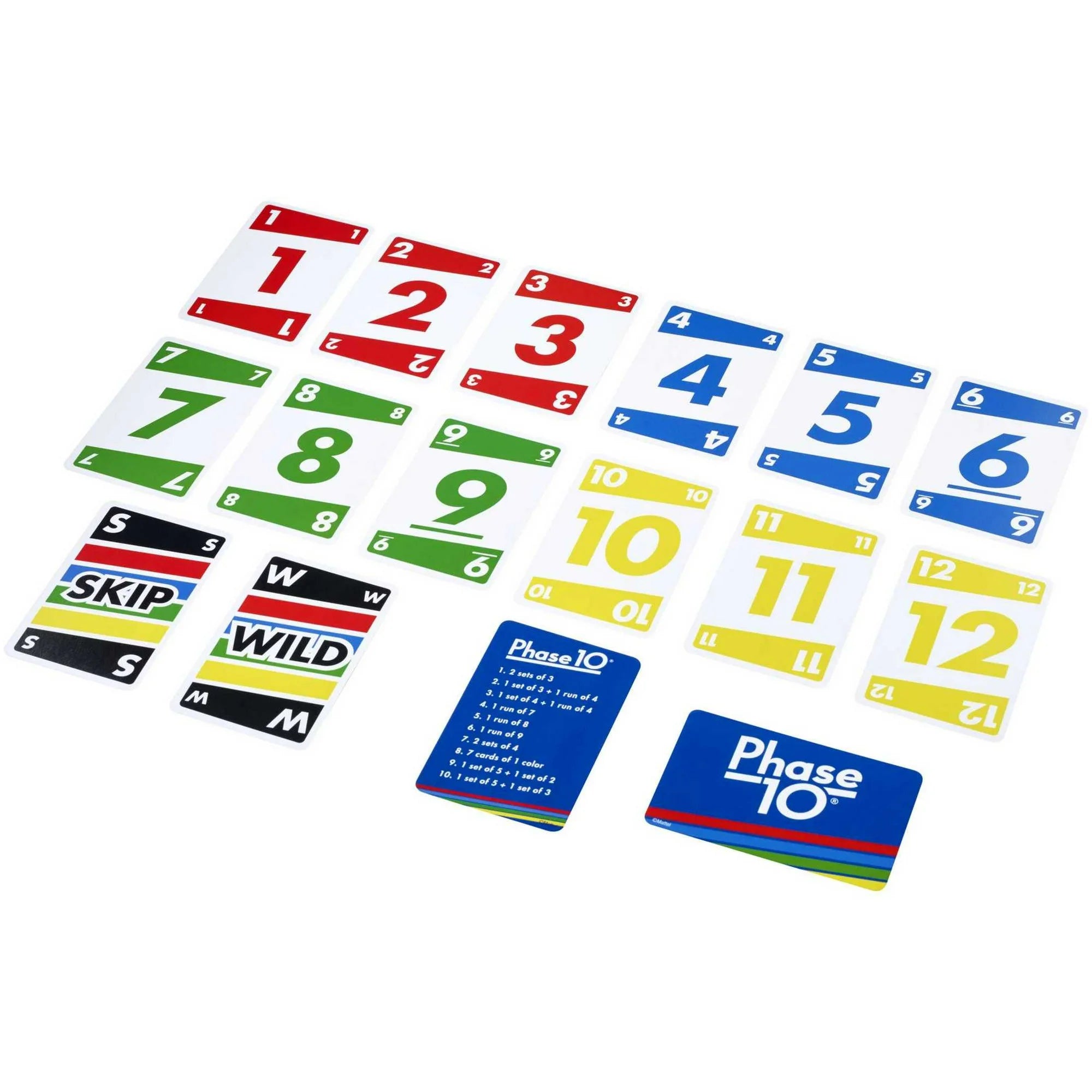 Set of colorful Phase 10 game cards with numbers and symbols on a white background