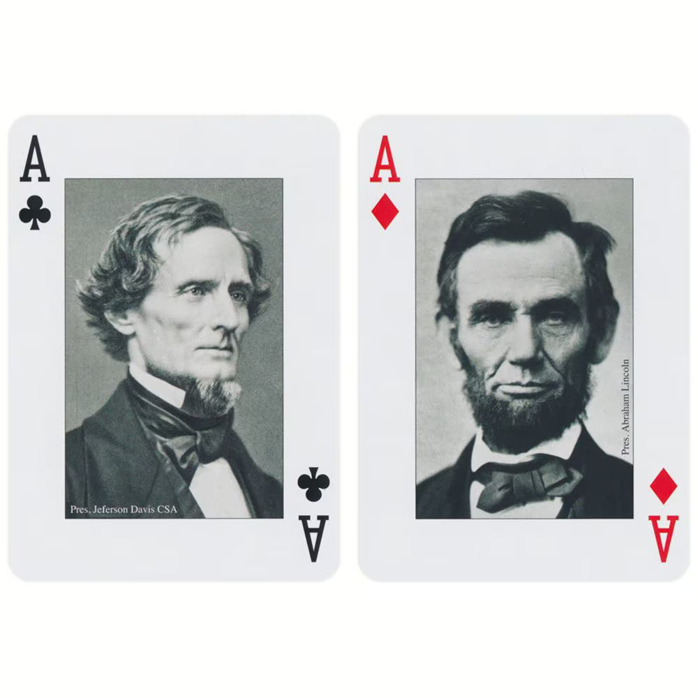 Two playing cards featuring portraits of historical figures on a white background