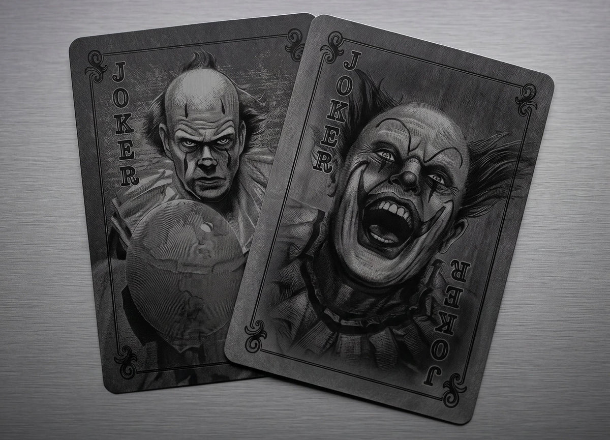 Two Classic Monsters Playing Cards Jokers featuring sinister clown portraits in black and gray