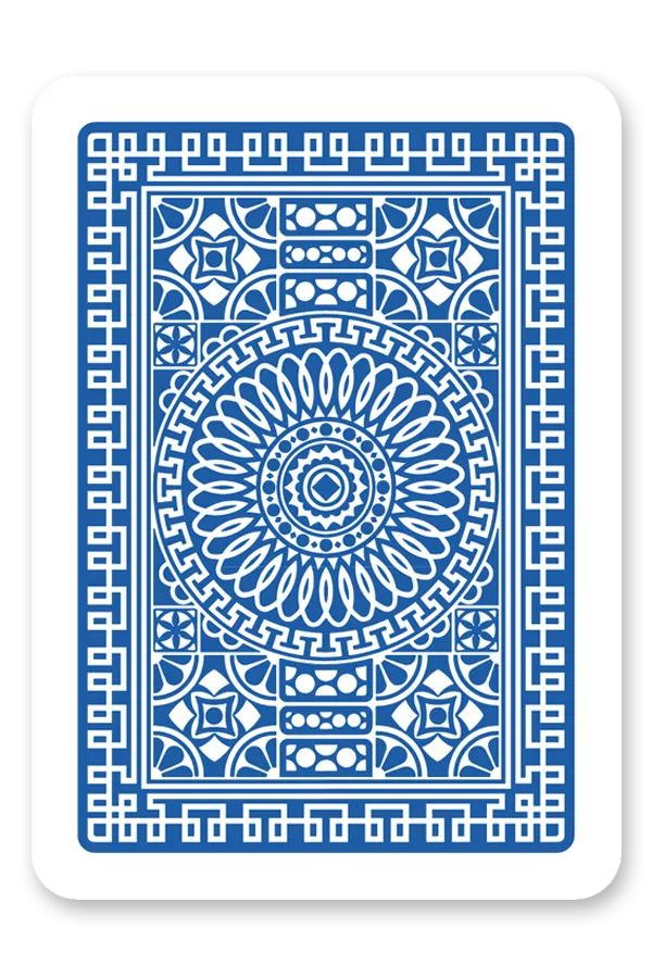 Blue playing card with intricate design on a white background