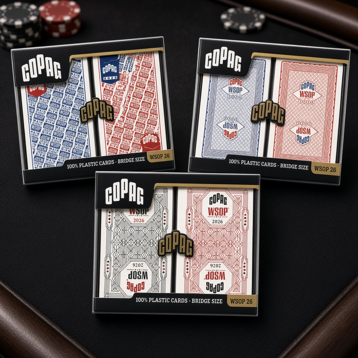 Three Copag WSOP 2026 double-deck sets displayed on a black poker table with poker chips