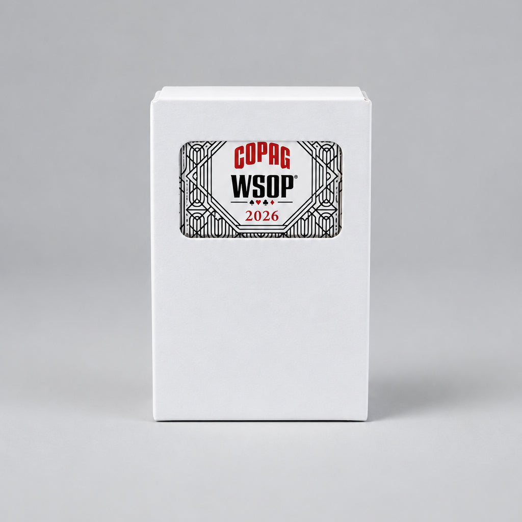 Copag WSOP 2026 Jumbo black deck in a white window tuck box showing black geometric card-back artwork and WSOP branding.