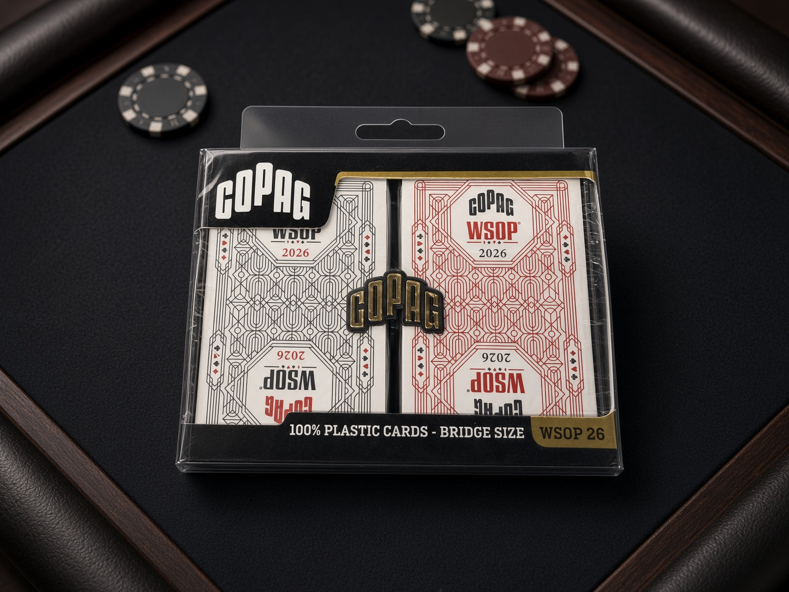 Copag WSOP 2026 Jumbo Index double-deck set displayed on a black poker table with chips