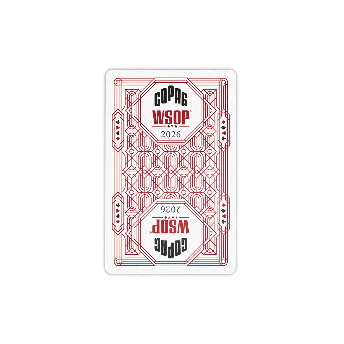 Red Copag WSOP 2026 Jumbo Index playing-card back with a geometric two-way design