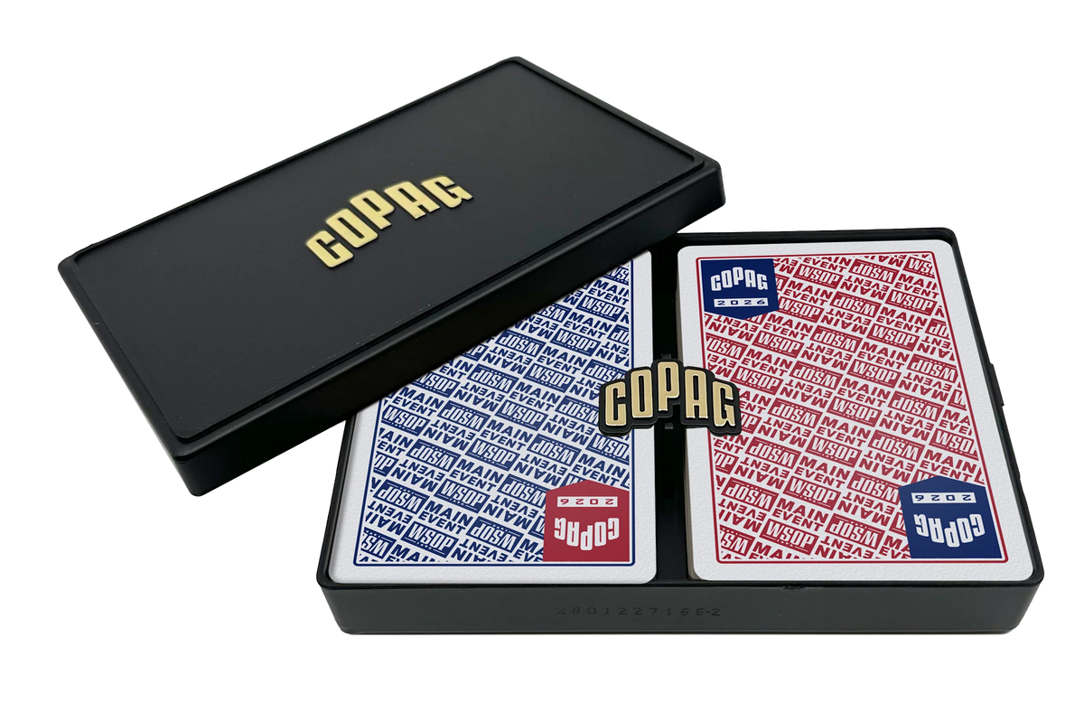 Open Copag WSOP 2026 Main Event case showing the red and blue playing-card decks