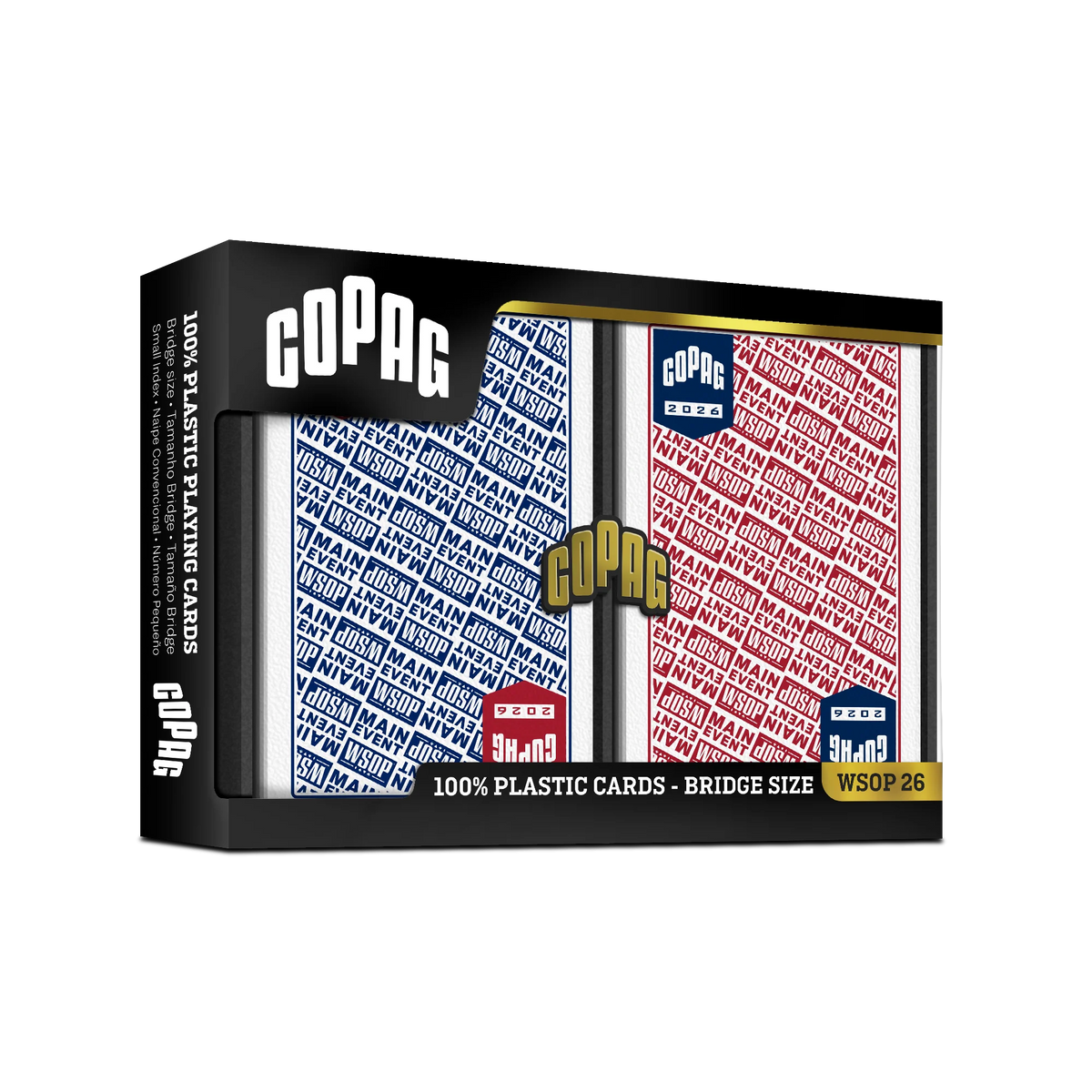 Copag WSOP 2026 Main Event red and blue 100% plastic bridge-size double-deck set in retail packaging