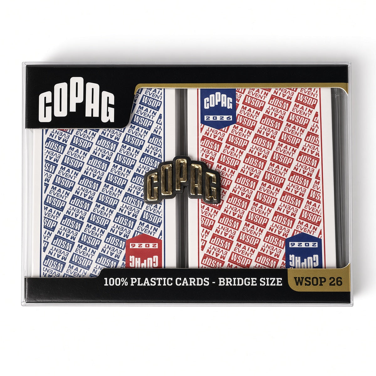 Overhead view of the Copag WSOP 2026 Main Event double-deck set on a white background