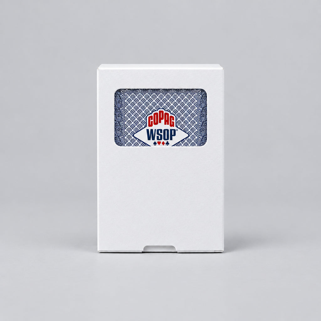 Copag WSOP 2026 Traditional blue deck in a white window tuck box showing the blue patterned card back with Copag and WSOP logos.