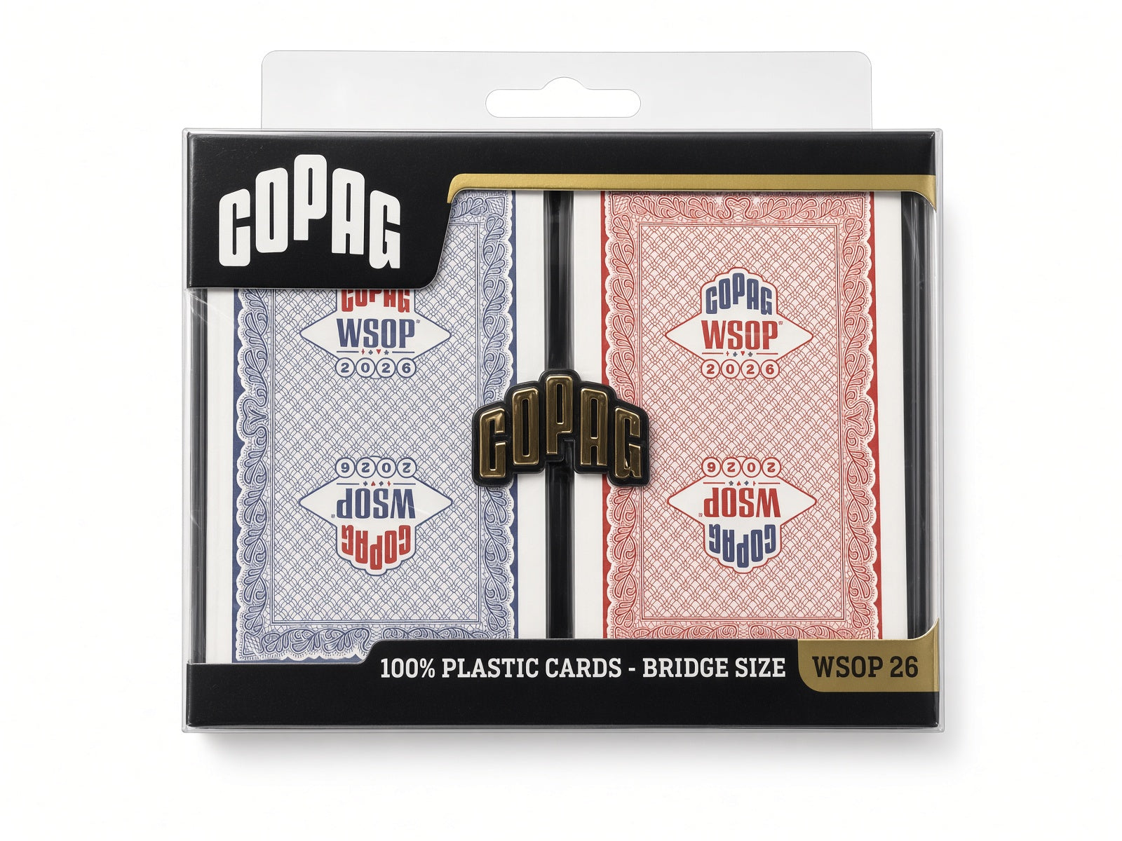 Front view of Copag WSOP 2026 Traditional red and blue card backs in the retail package