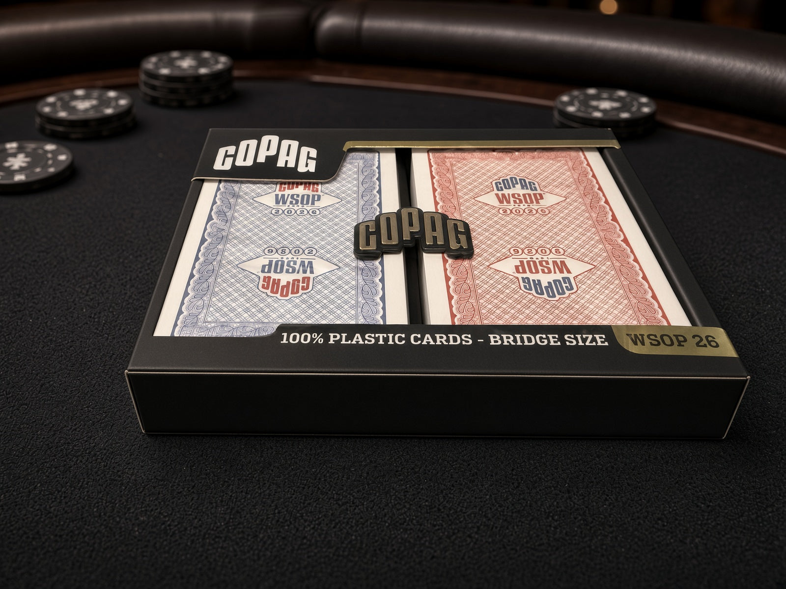 Copag WSOP 2026 Traditional double-deck set displayed on a black poker table with chips