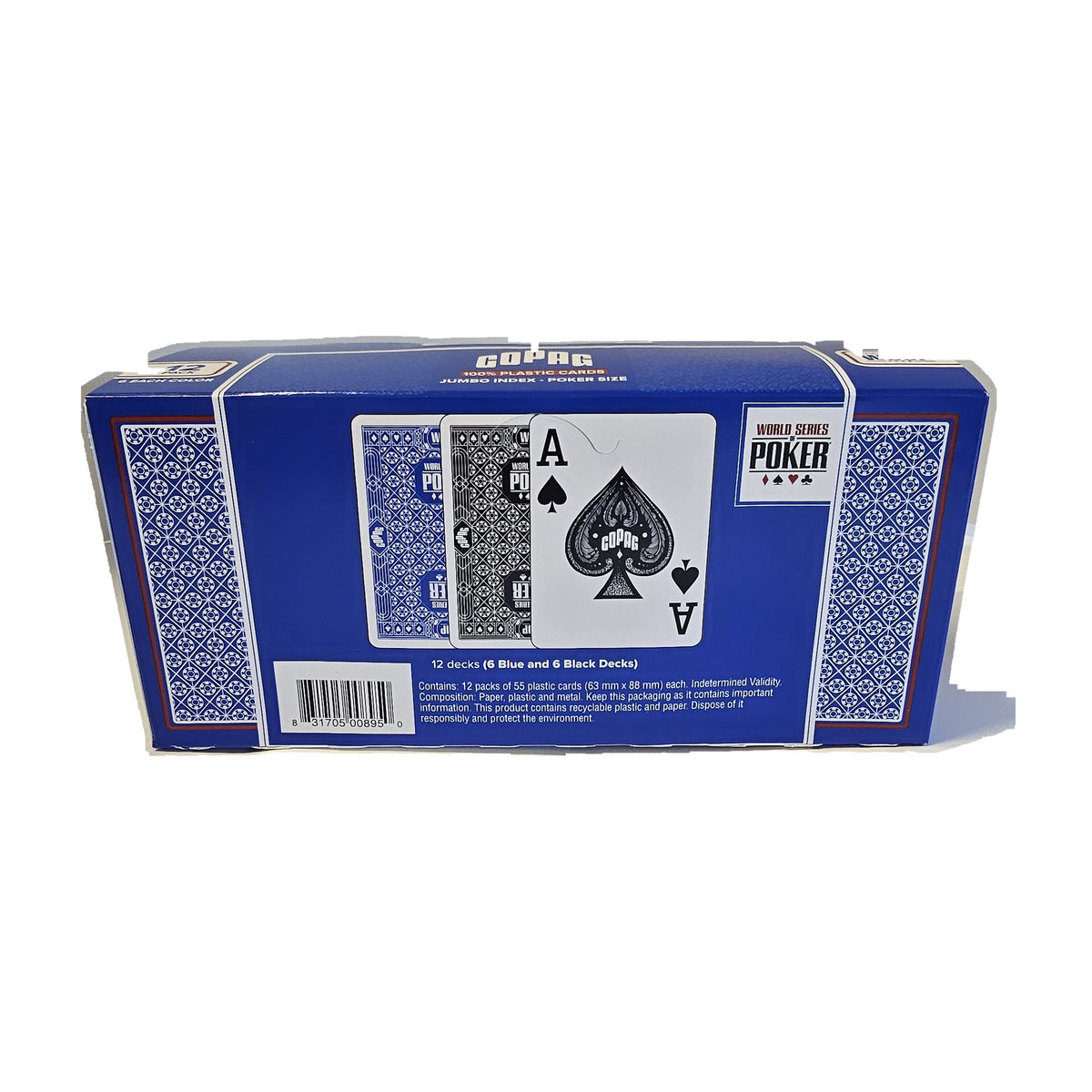 Copag WSOP Core brick box back showing blue and black card-back designs, an Ace of Spades, and the 12-deck contents label.