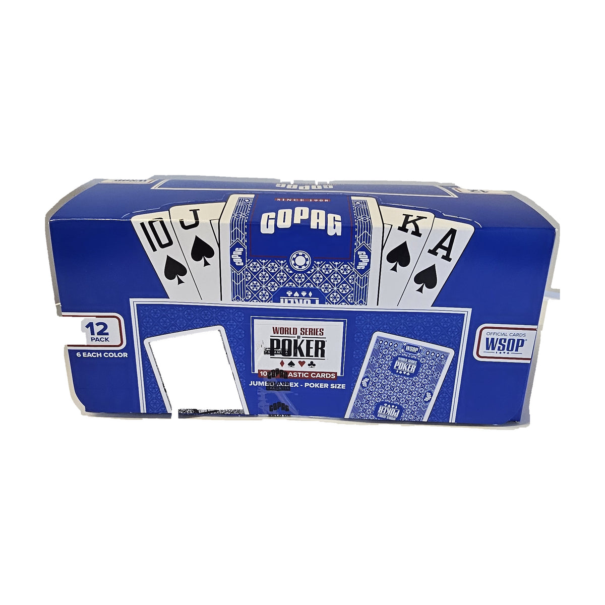 Copag WSOP Core 12-deck brick box front with spade card artwork and a label indicating six decks of each color.