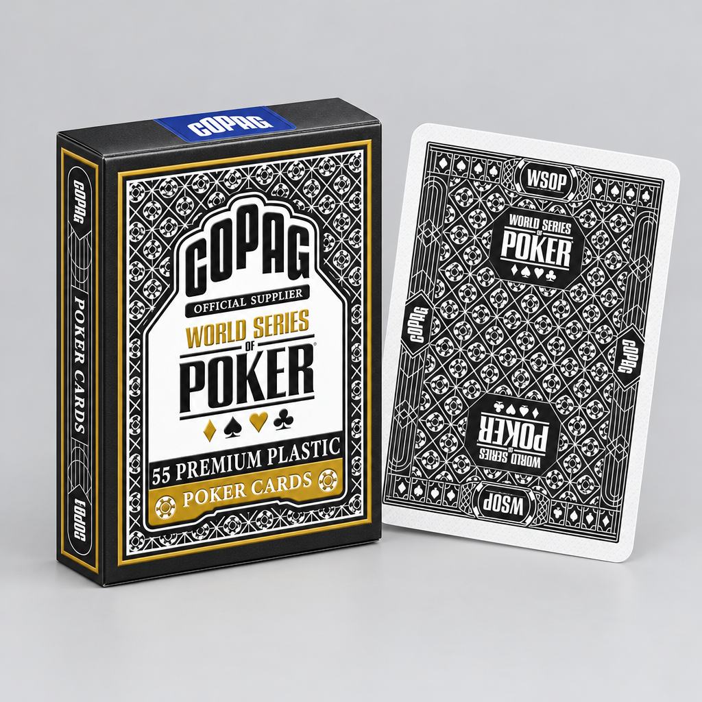 Black Copag WSOP Core tuck box with gold accents beside a white-bordered black card back featuring World Series of Poker branding.