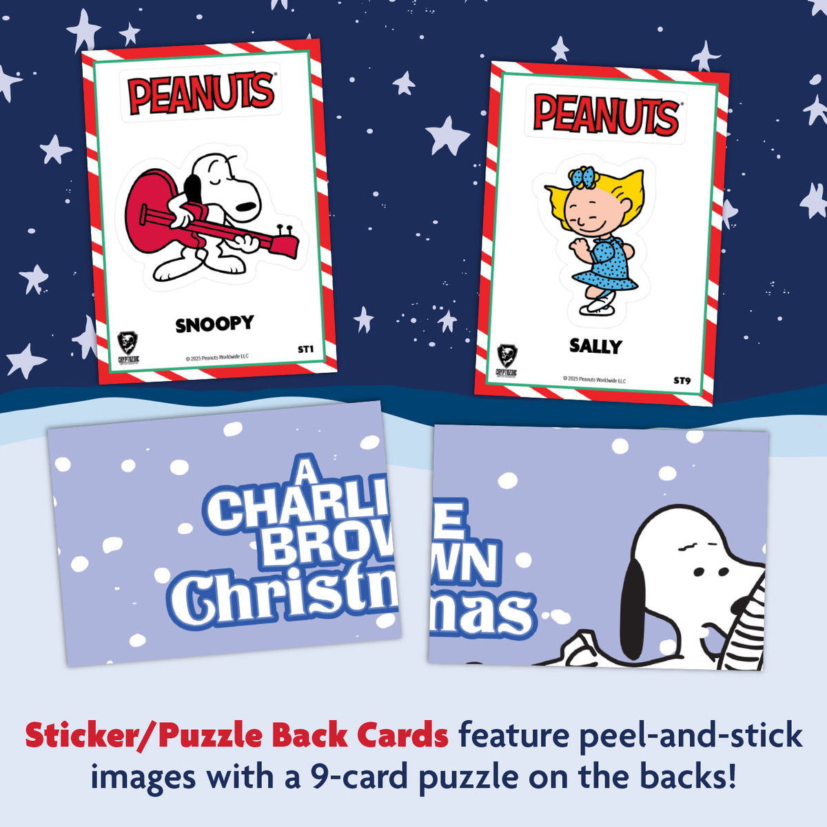 Peanuts Playpaks: A Charlie Brown Christmas – Single 5-Card Pack – examples of possible card designs; pack contents vary