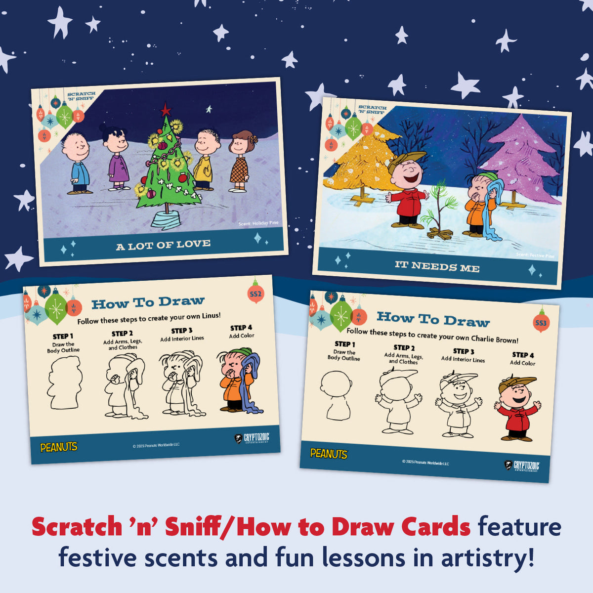 Peanuts Playpaks: A Charlie Brown Christmas – Single 5-Card Pack – examples of possible card designs; pack contents vary