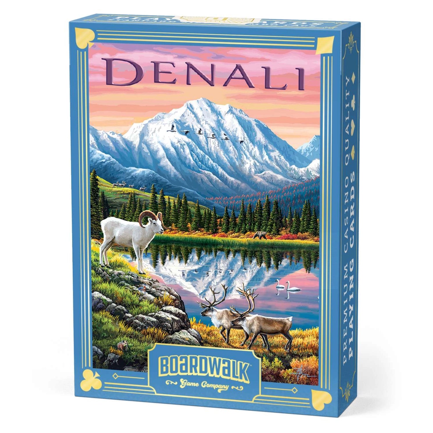 Denali Playing Cards by Boardwalk tuck box with Mount McKinley, Dall sheep, caribou, lake, and Alaska wilderness artwork