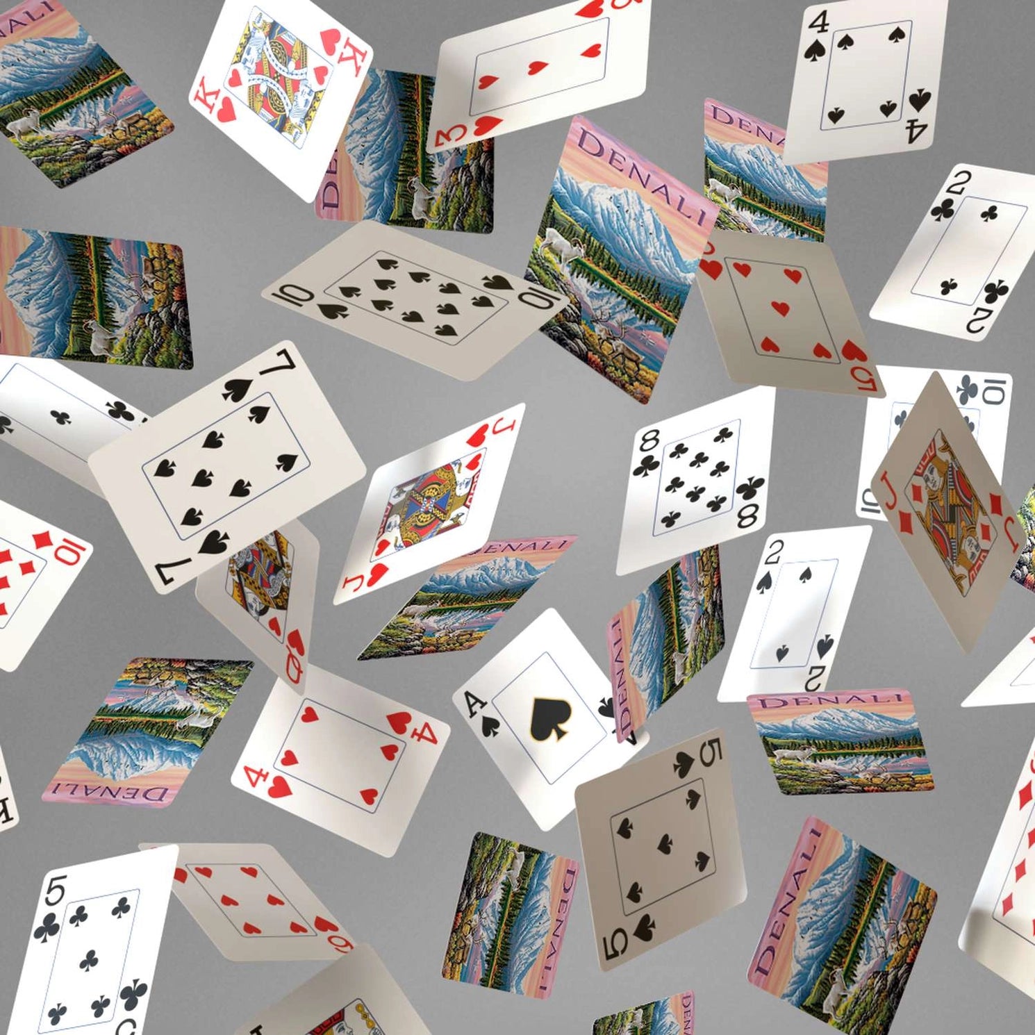 Denali Boardwalk playing cards showing jumbo-index faces and scenic Mount McKinley wildlife card backs