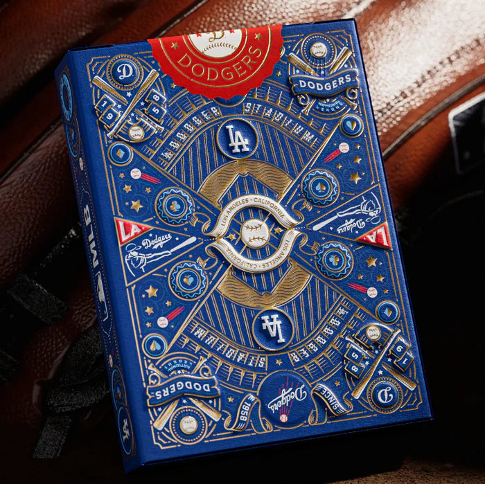 Blue and gold Dodgers back of tuck box inside a baseball glove.
