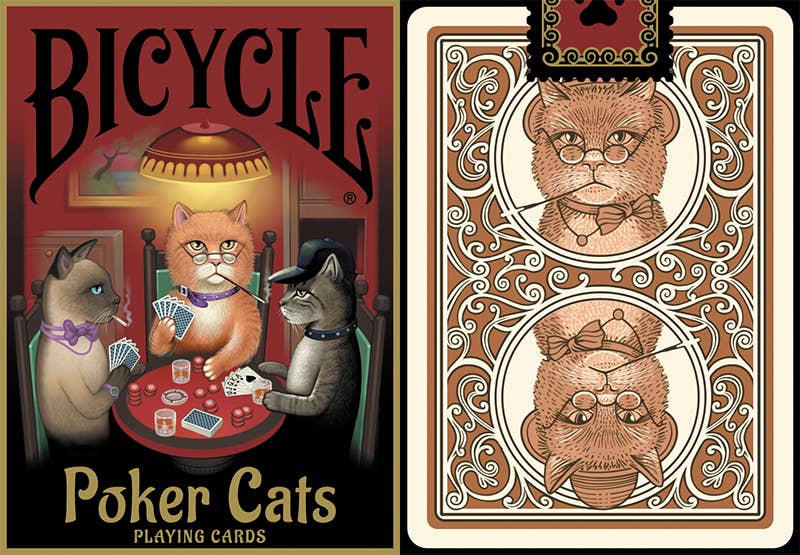 Playing cards with cat illustrations and 'Bicycle Poker Cats' branding.