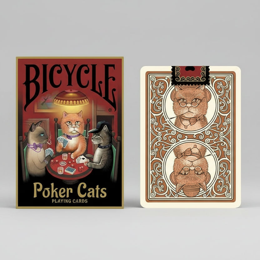 Playing cards with cat illustrations and 'Bicycle Poker Cats' branding.