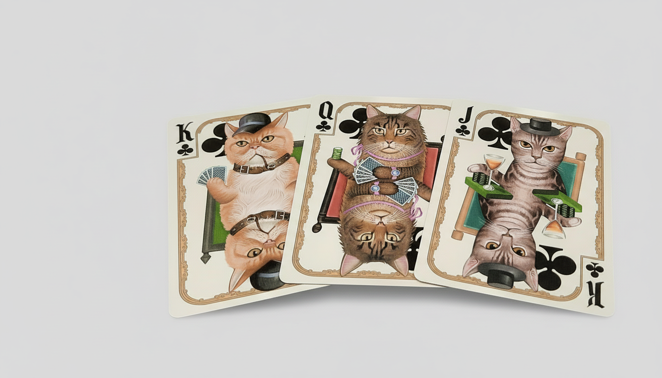 Bicycle Poker Cats playing cards with cat illustrations on a dark background