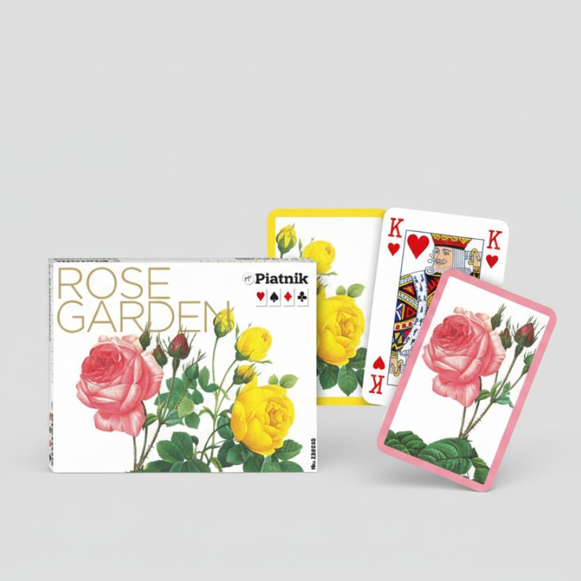 Playing cards with rose design and 'Platnik' branding