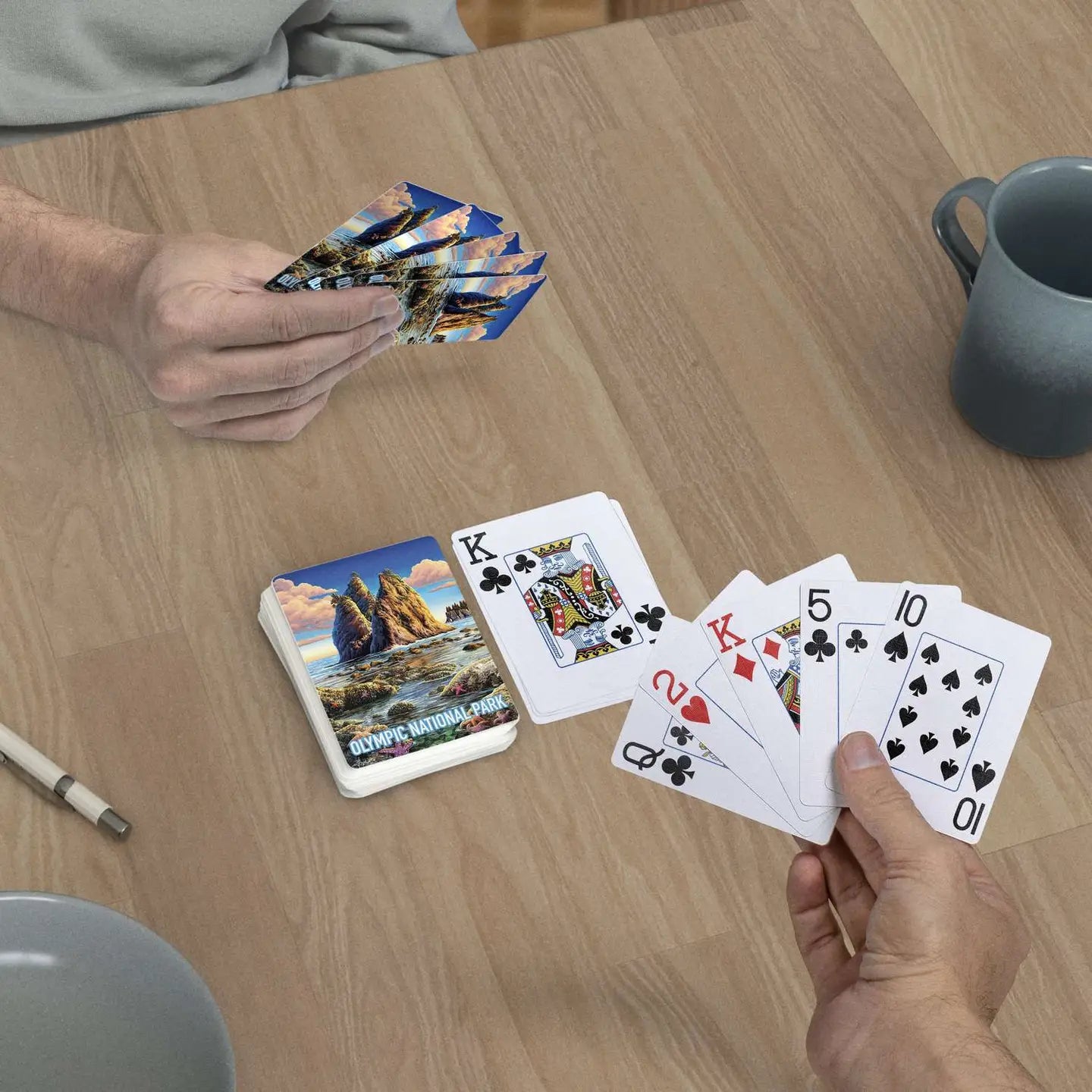 Olympic National Park jumbo-index playing cards in use at a table