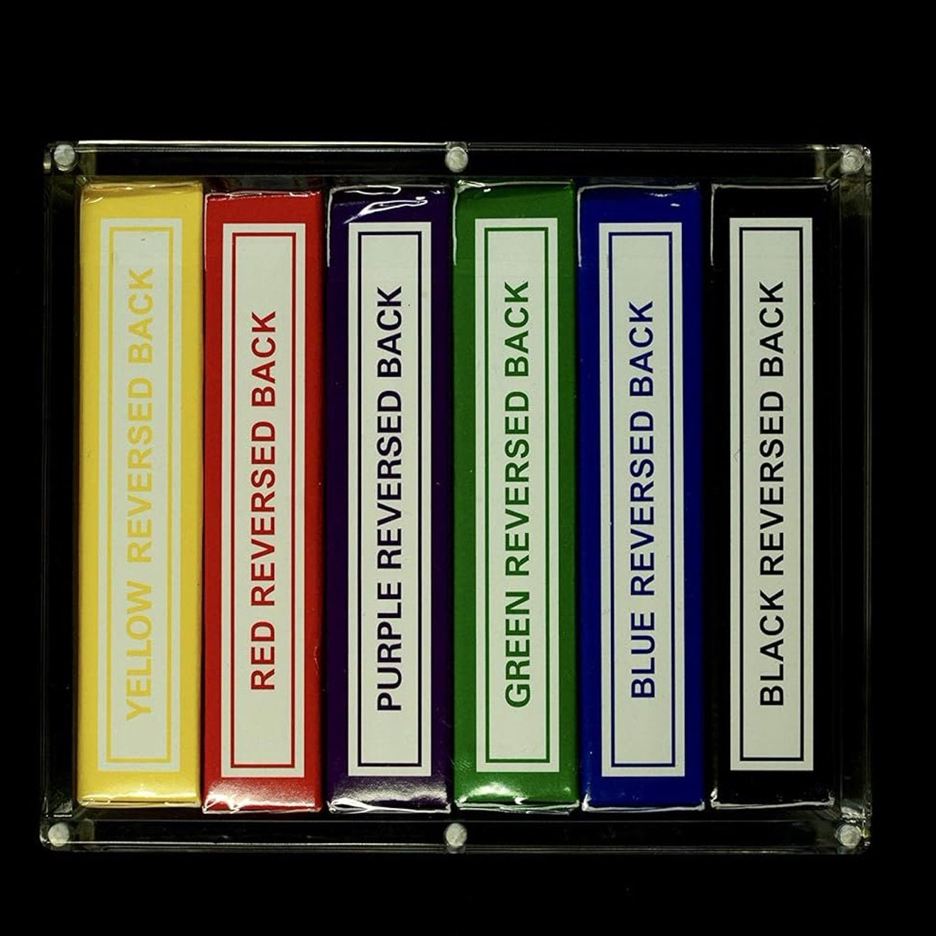 Carat X6 Half Brick Case displaying yellow red purple green blue and black playing card decks