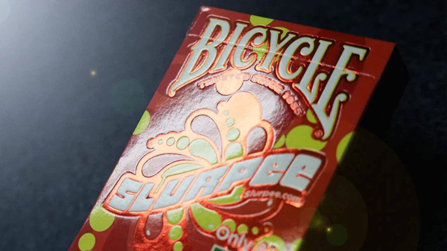 Bicycle Slurpee red playing card deck packaging on a dark background