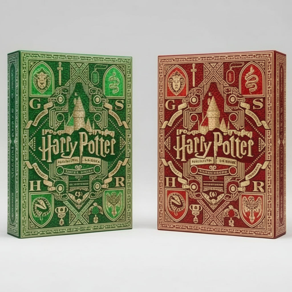 Two Harry Potter-themed card decks in green and red on a white background