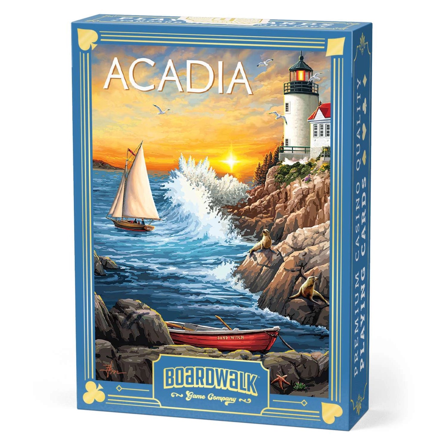 Boardwalk Acadia Playing Cards tuck box with lighthouse and coastal artwork