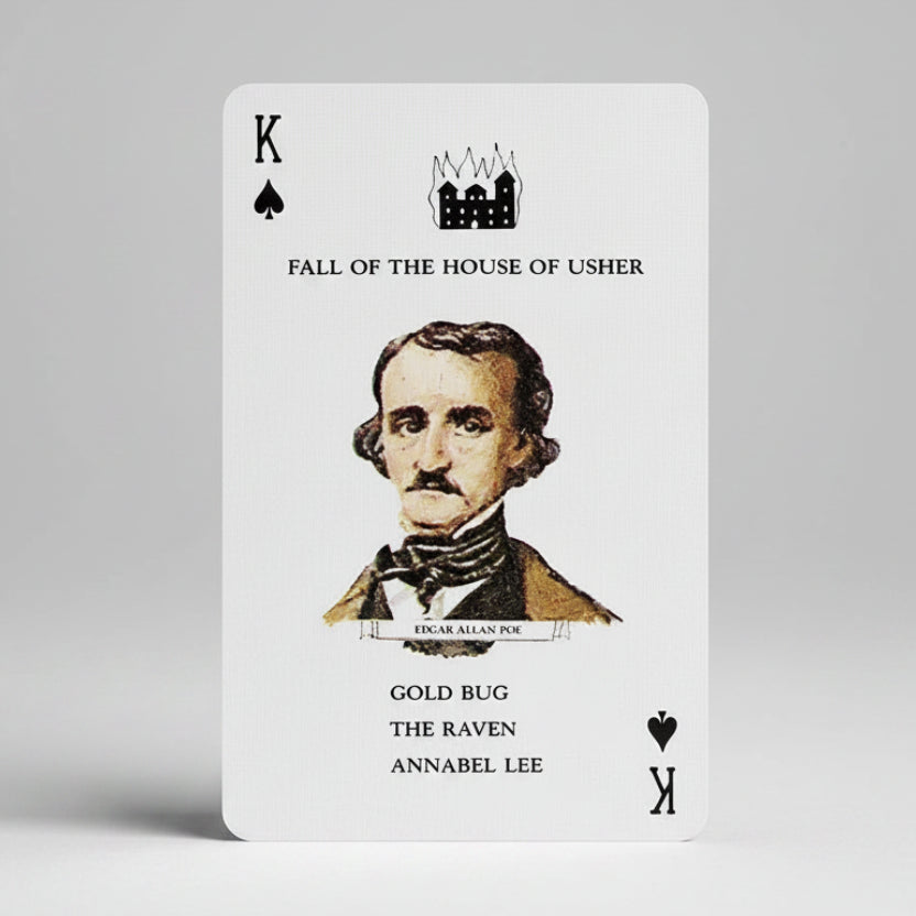 Playing card with Edgar Allan Poe's portrait and book titles on a white background